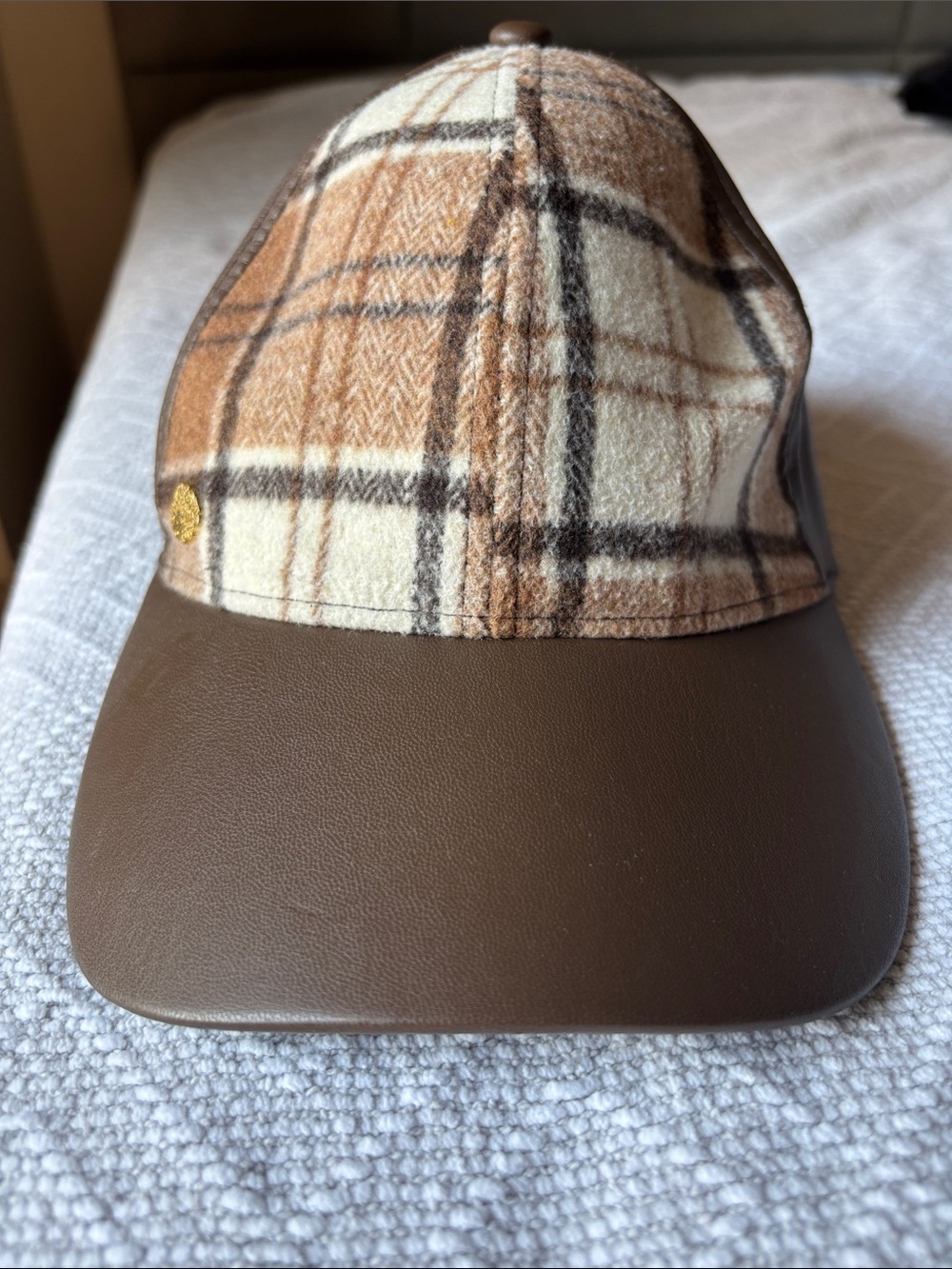 Vince Camuto Plaid Cap with Brown Leather Brim